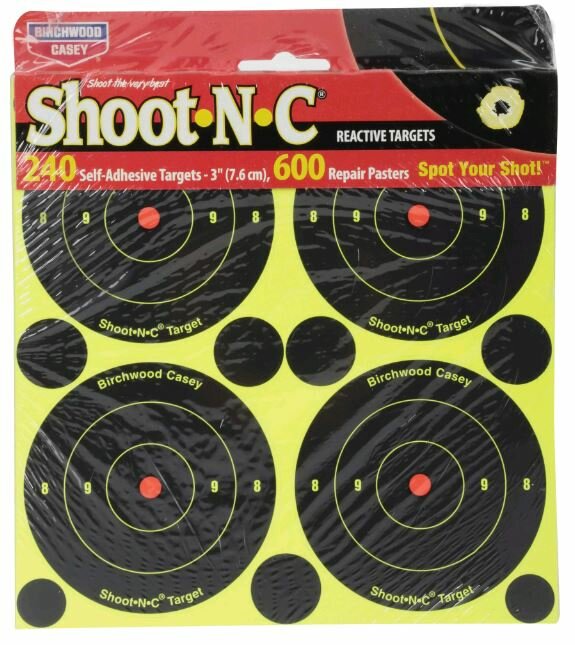 Birchwood Casey 3" 7,6cm&nbsp;Shoot-N-C-reactieve schietdoelen groot verpakking.  240 doelen, 600 reparatie stickers 